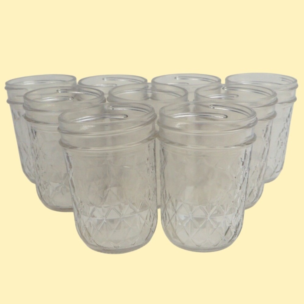 9 VTG Quilted Crystal Glass Jelly Jars Jam Canning Mason Homemakers 8 oz